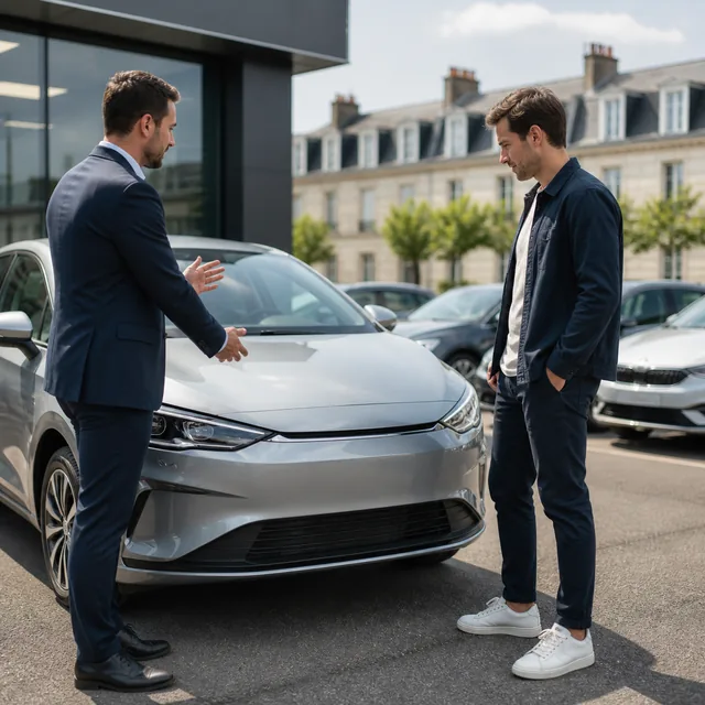Conseiller automobile présentant une voiture à une cliente