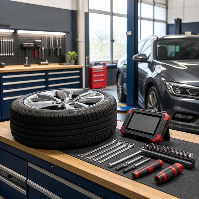 Roue, outils et diagnostic dans un atelier automobile