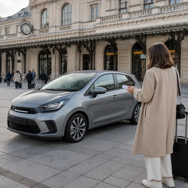 Voiture de location prête au départ avec des bagages