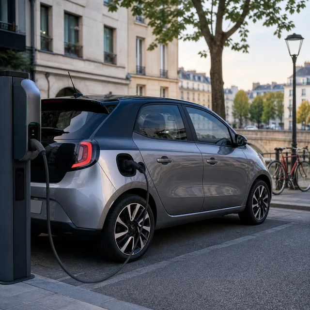 Voiture électrique branchée à une borne de recharge en ville