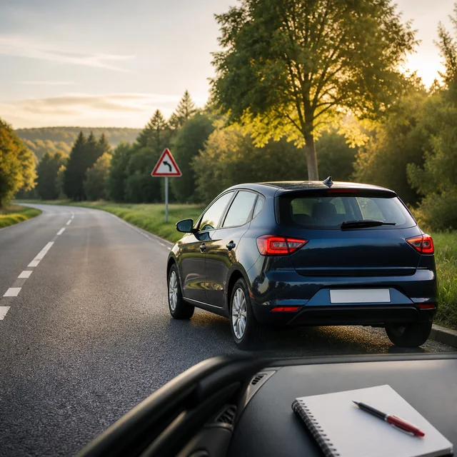 Voiture sur route de campagne près d’un panneau de virage
