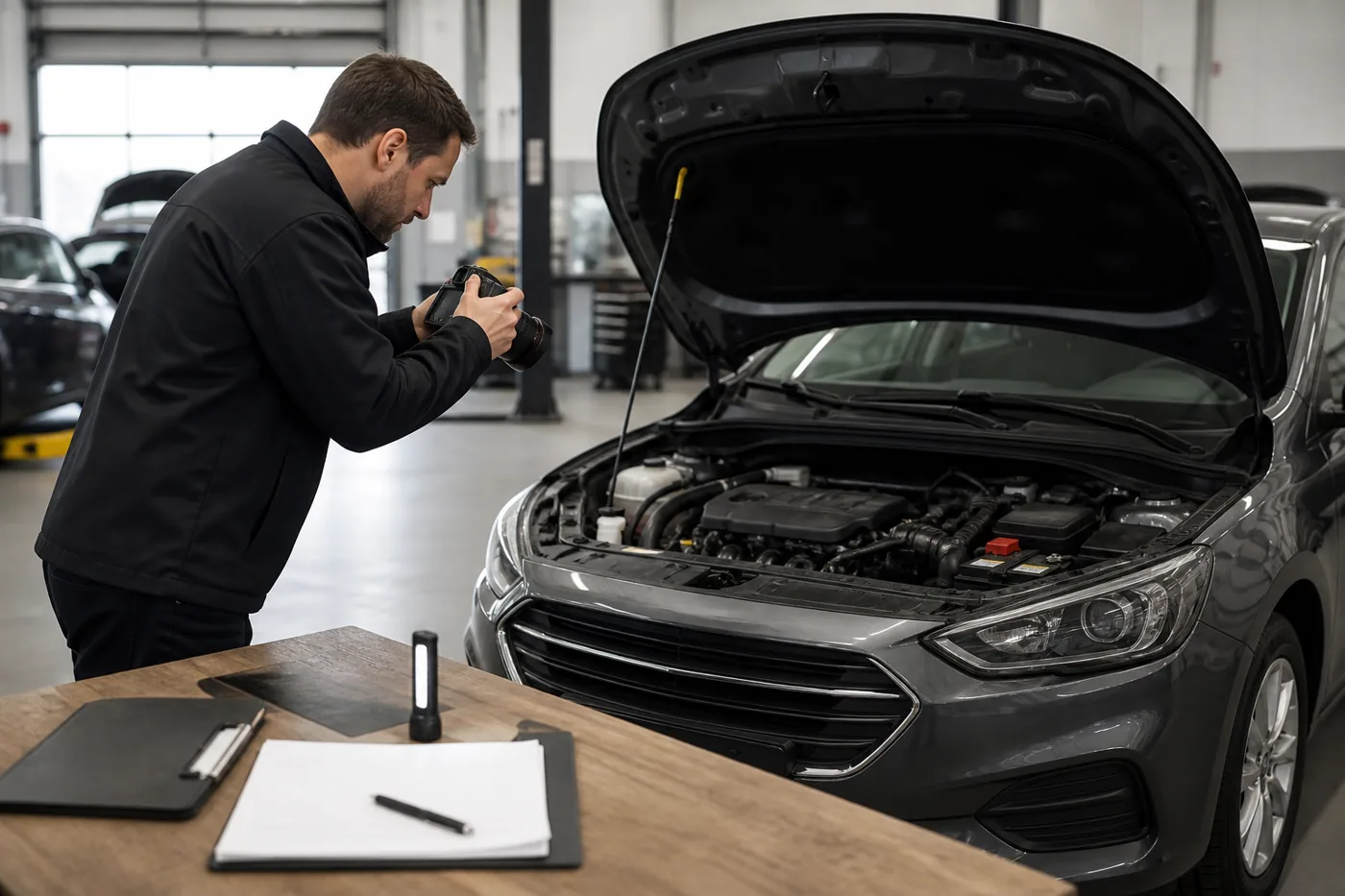 Expert photographiant le moteur d’une voiture lors d’un contrôle