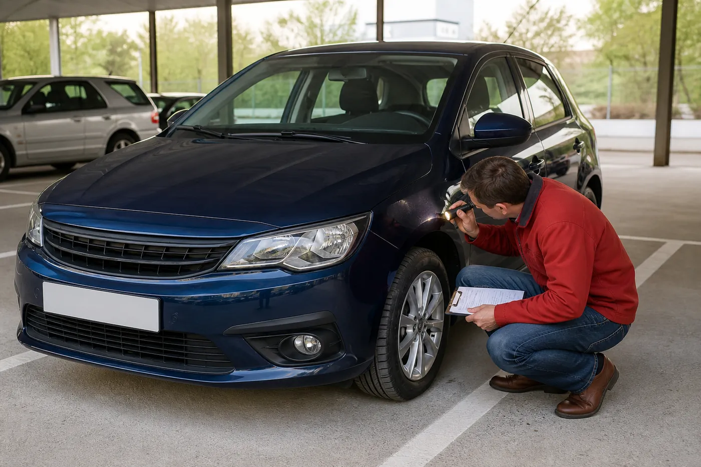 Inspection attentive de la carrosserie d’une voiture d’occasion