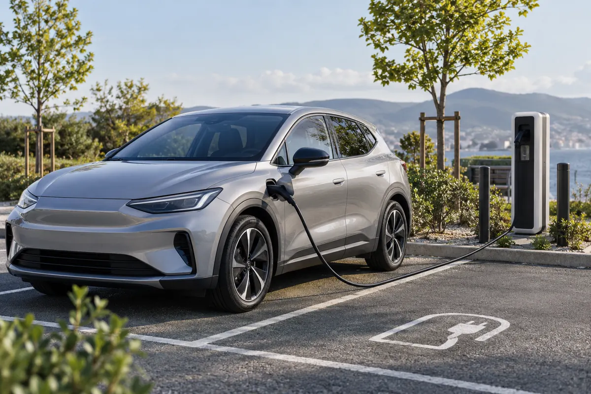 Voiture électrique branchée à une borne de recharge